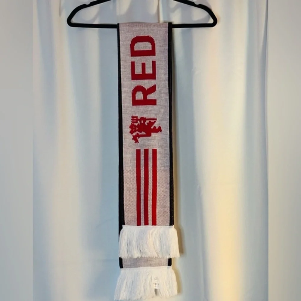 Adidas Manchester United Scarf Red Devils Soccer Fan Knit White Red Black Fringe